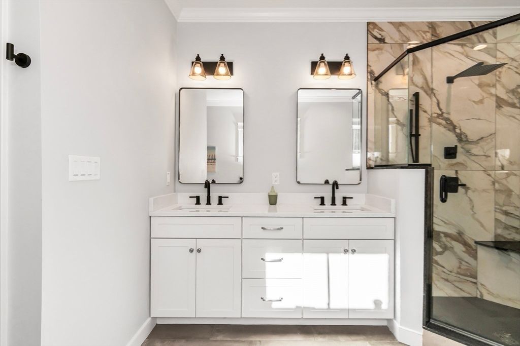 Bathroom, Dual Sink Vanities, Glass Shower, Interior, Marble Walls
