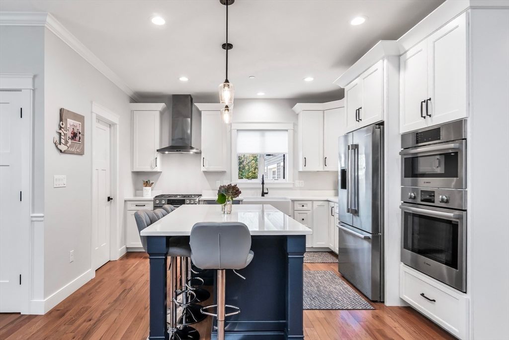 Interior, Kitchen, Pendant Lights, Recessed Lighting, Stainless Steel Appliances, Wood Texture Flooring
