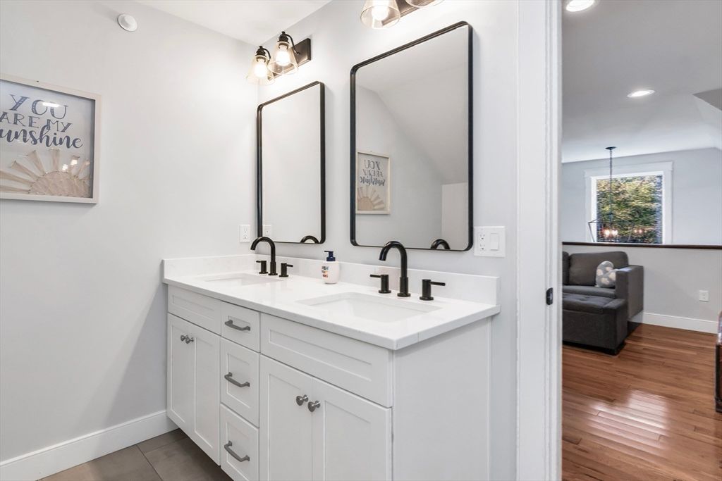 Bathroom, Dual Sink Vanities, Interior, Recessed Lighting, Wood Texture Flooring