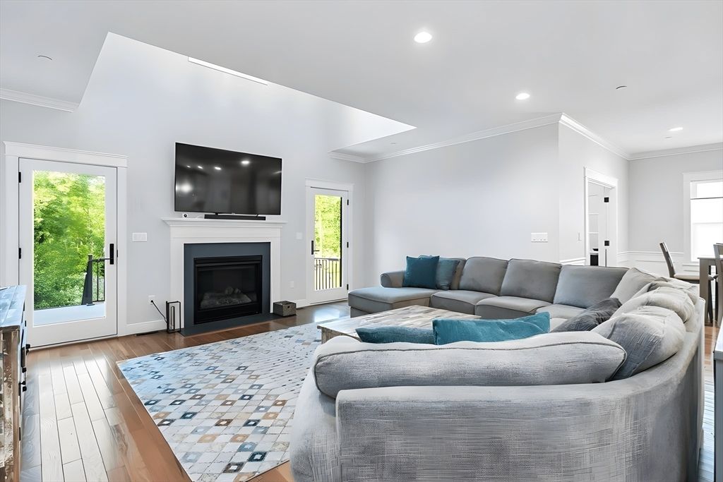 Fireplace, Interior, Living room, Recessed Lighting, Wood Texture Flooring