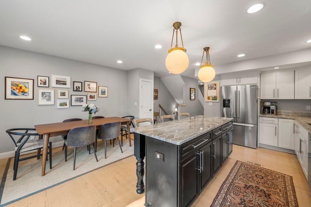 Dining room, Interior, Kitchen, Pendant Lights, Recessed Lighting, Stainless Steel Appliances, Wood Texture Flooring