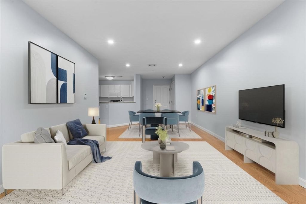 Dining room, Interior, Kitchen, Living room, Recessed Lighting, Stainless Steel Appliances, Wood Texture Flooring