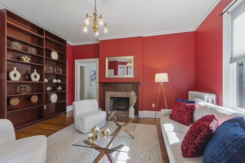 Fireplace, Interior, Living room, Pendant Lights, Wood Texture Flooring