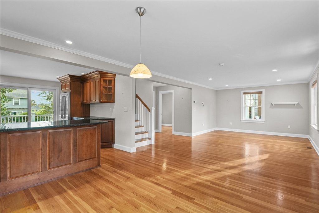 Empty room, Interior, Kitchen, Pendant Lights, Recessed Lighting, Wood Texture Flooring