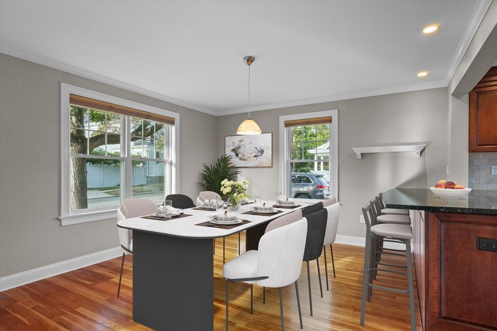 Dining room, Interior, Pendant Lights, Recessed Lighting, Wood Texture Flooring