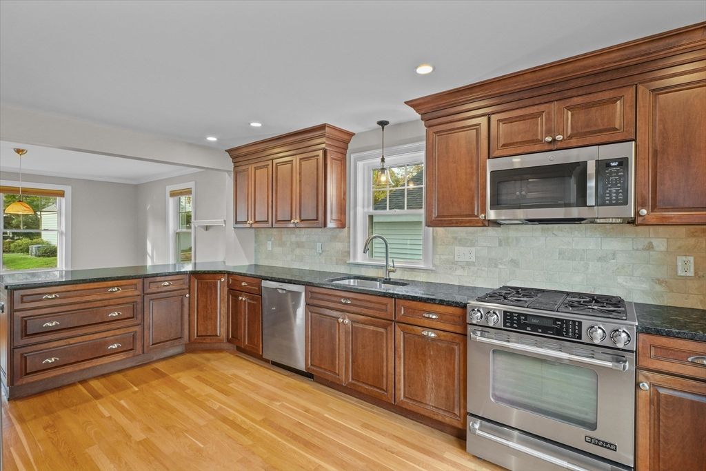 Interior, Kitchen, Pendant Lights, Recessed Lighting, Stainless Steel Appliances, Wood Texture Flooring