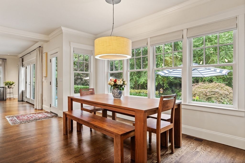 Dining room, Interior, Pendant Lights, Wood Texture Flooring