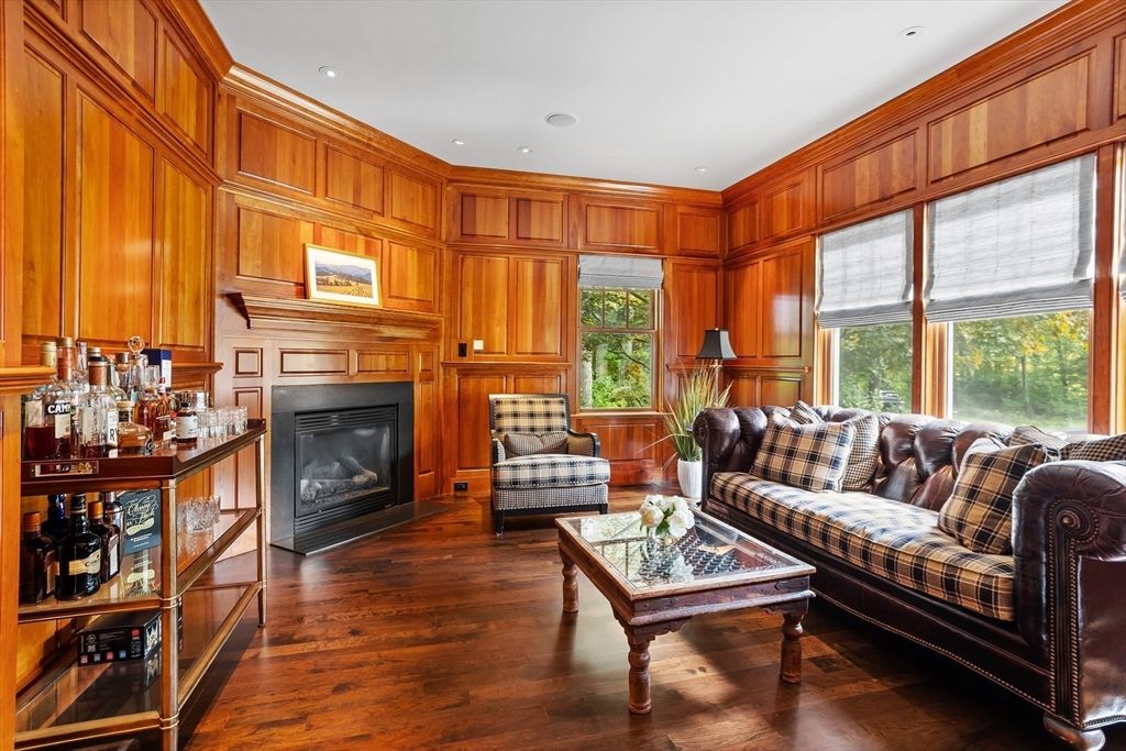 Fireplace, Interior, Living room, Recessed Lighting, Wood Texture Flooring, Wooden Walls