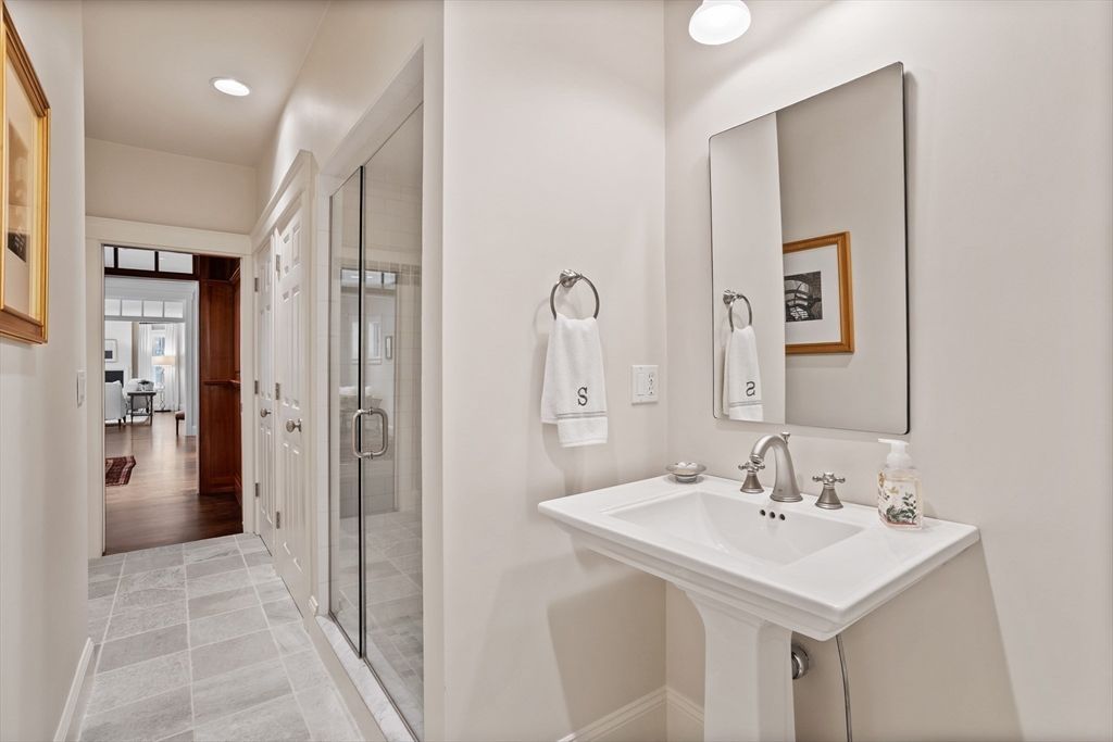 Bathroom, Glass Shower, Interior, Recessed Lighting, Wood Texture Flooring