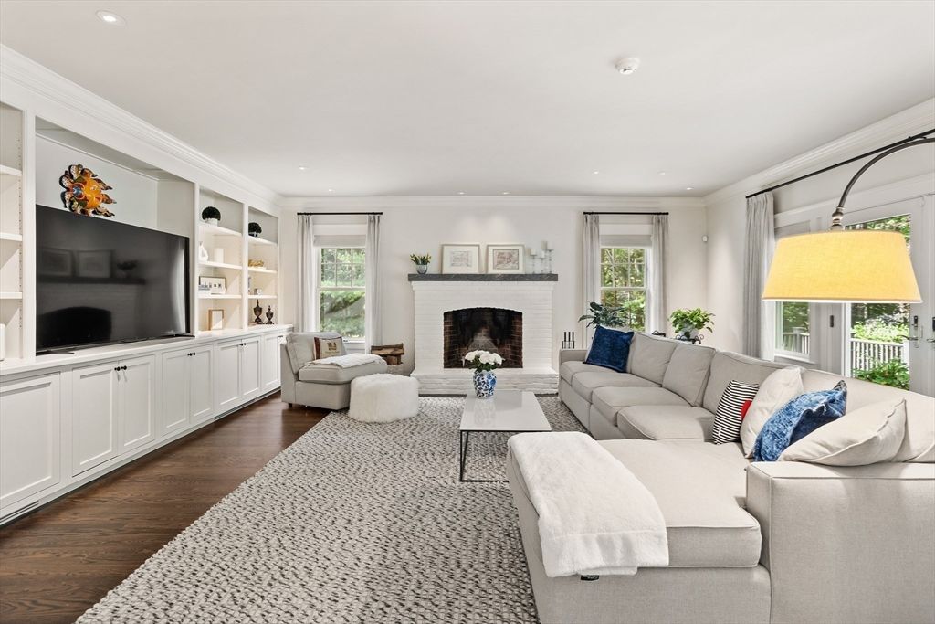 Fireplace, Interior, Living room, Recessed Lighting, Wood Texture Flooring