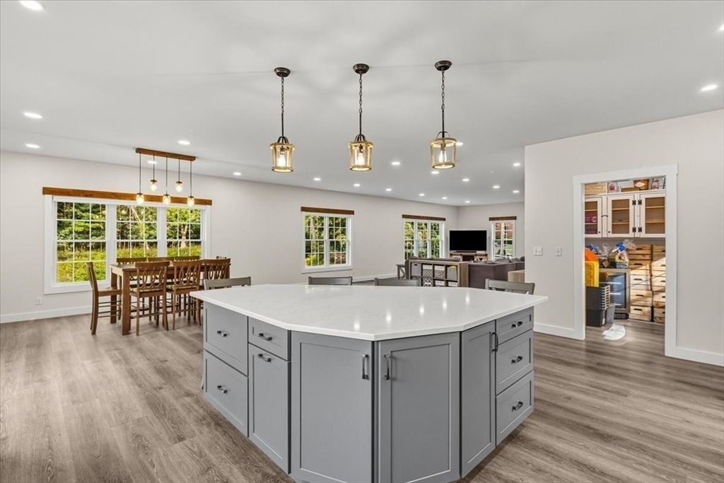Dining room, Interior, Kitchen, Pendant Lights, Recessed Lighting, Wood Texture Flooring