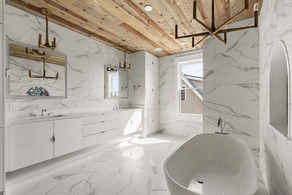 Bathroom, Dual Sink Vanities, Free Standing Baths, Interior, Marble, Marble Walls, Wooden Ceilings