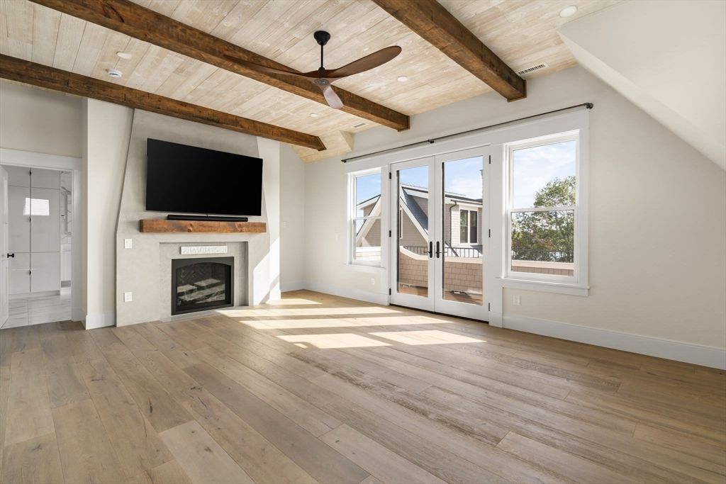 Empty room, Fireplace, Interior, Recessed Lighting, Wooden Beams, Wood Texture Flooring