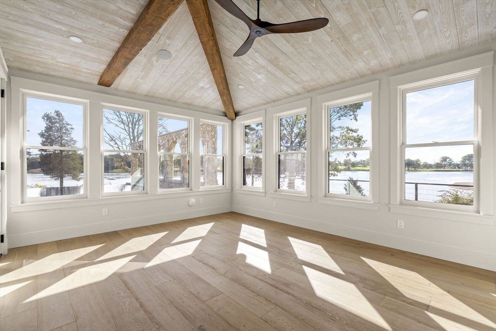 Empty room, Interior, Recessed Lighting, Water, Wooden Beams, Wooden Ceilings, Wood Texture Flooring