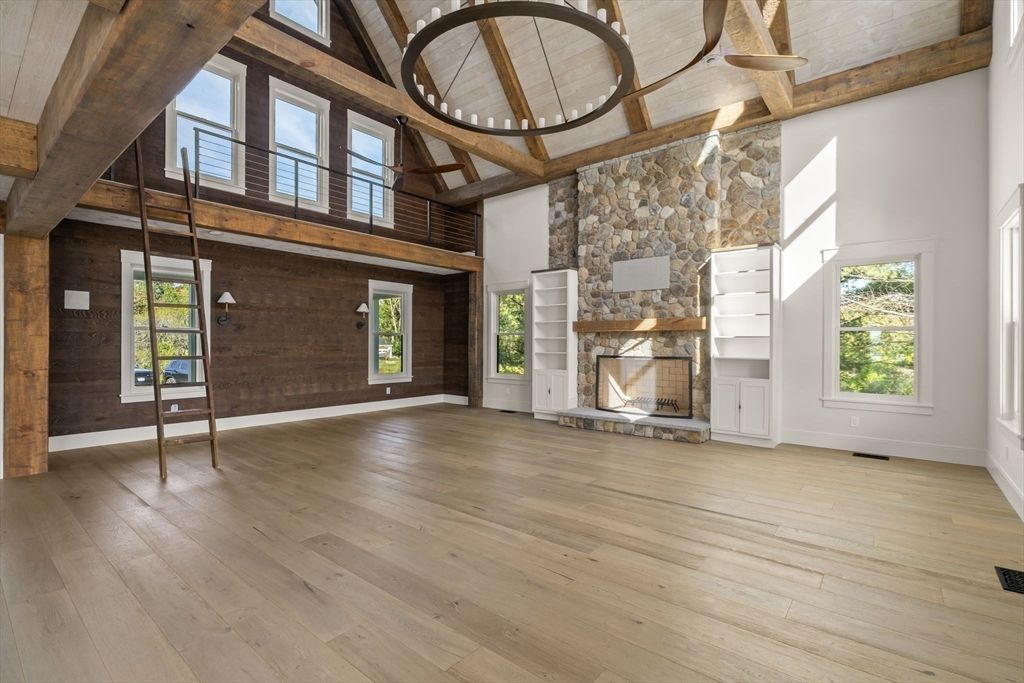 Chandelier, Empty room, Fireplace, Interior, Pendant Lights, Stone Walls, Wooden Beams, Wood Texture Flooring, Wooden Walls