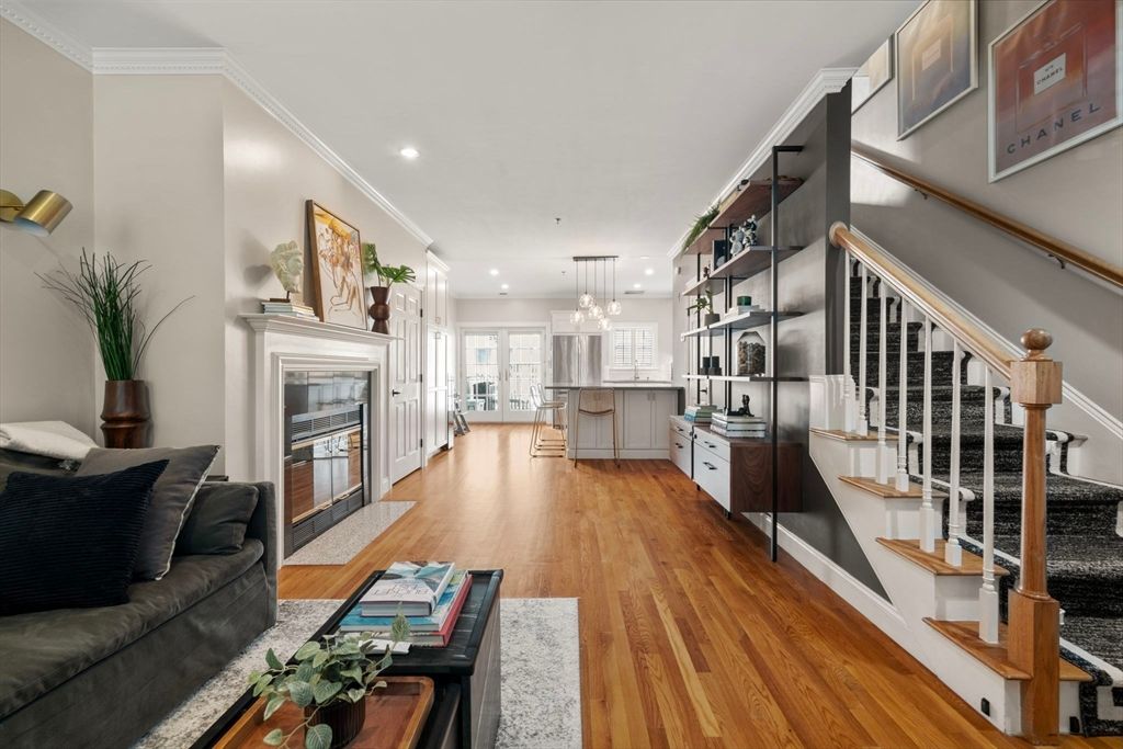 Fireplace, Interior, Kitchen, Living room, Pendant Lights, Recessed Lighting, Wood Texture Flooring