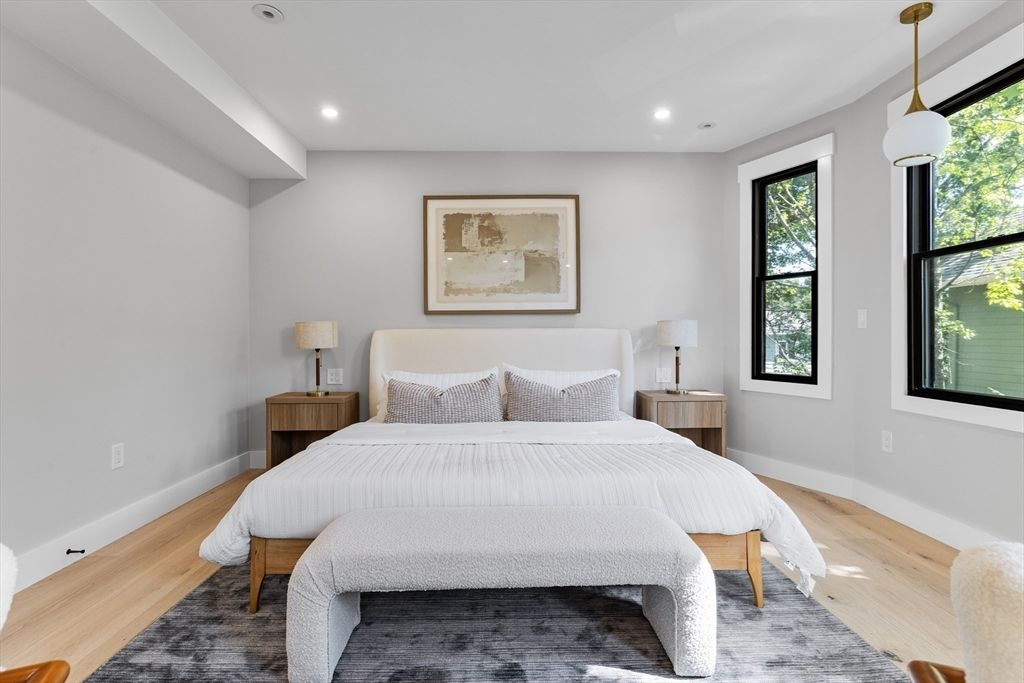 Bedroom, Interior, Pendant Lights, Recessed Lighting, Wood Texture Flooring
