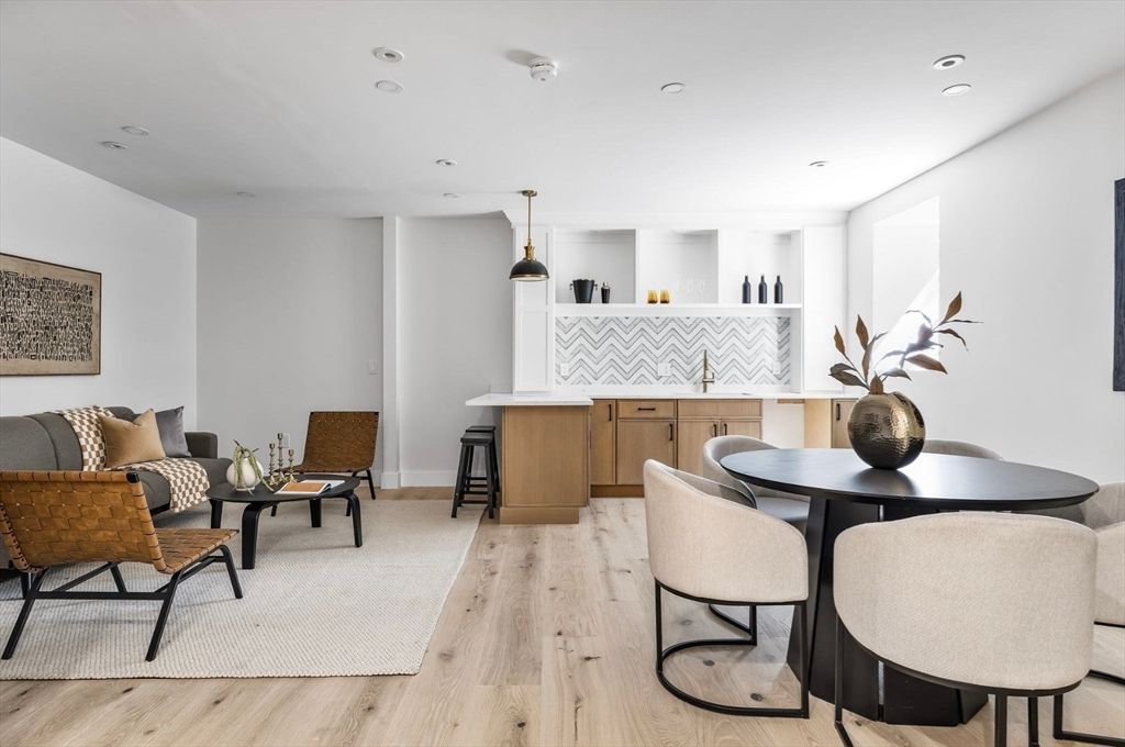 Dining room, Interior, Pendant Lights, Recessed Lighting, Wood Texture Flooring