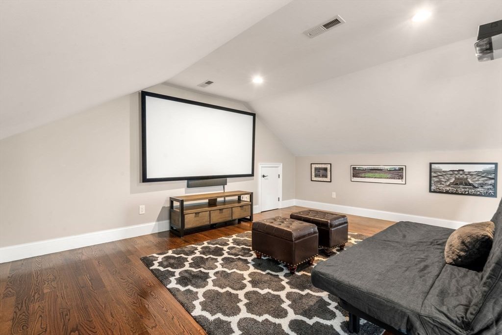 Interior, Projection Screen, Recessed Lighting, Wood Texture Flooring