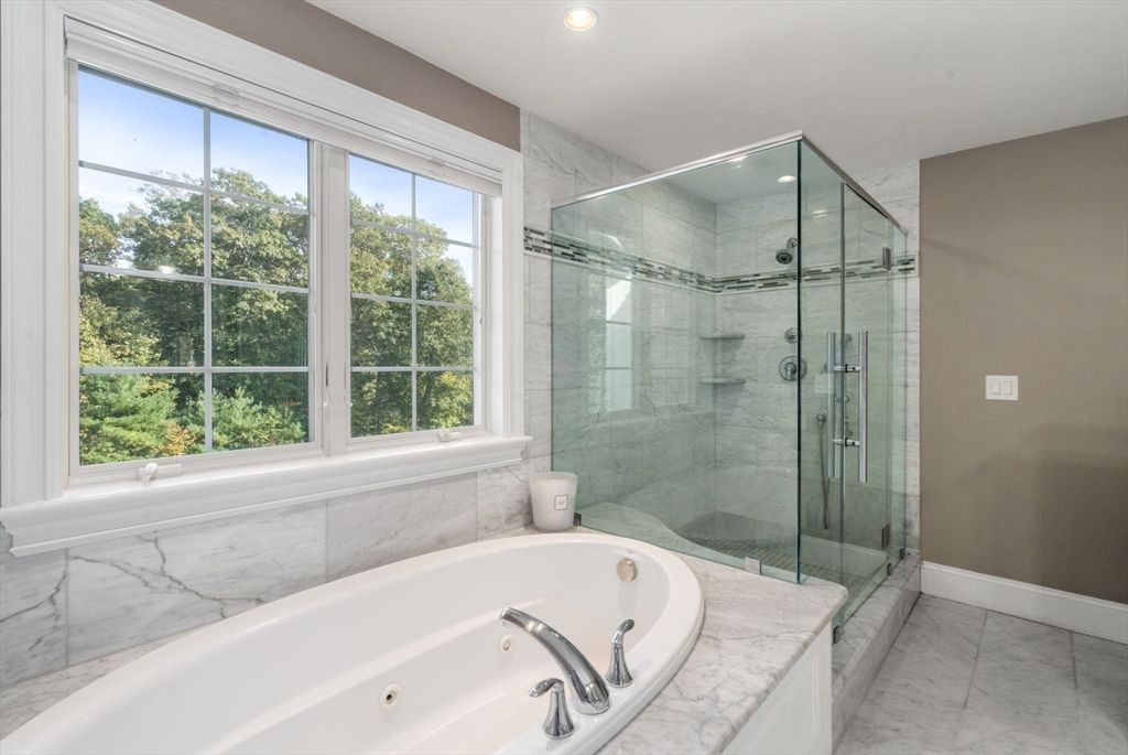 Bathroom, Glass Shower, Interior, Marble, Marble Walls, Recessed Lighting