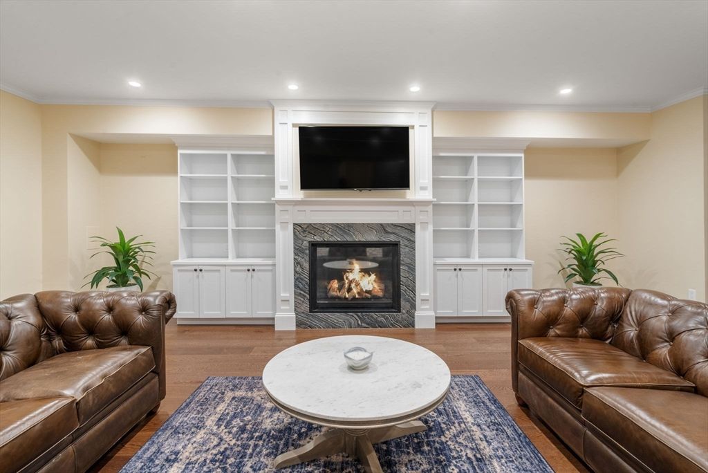 Fireplace, Interior, Living room, Recessed Lighting, Wood Texture Flooring