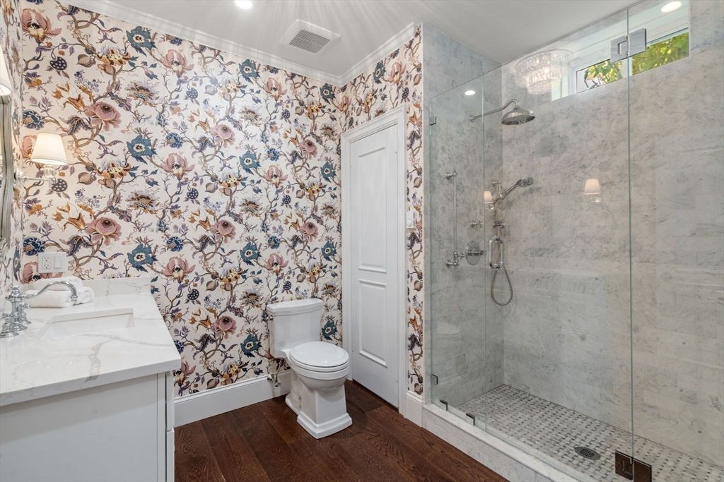 Bathroom, Glass Shower, Interior, Marble Walls, Recessed Lighting, Wood Texture Flooring