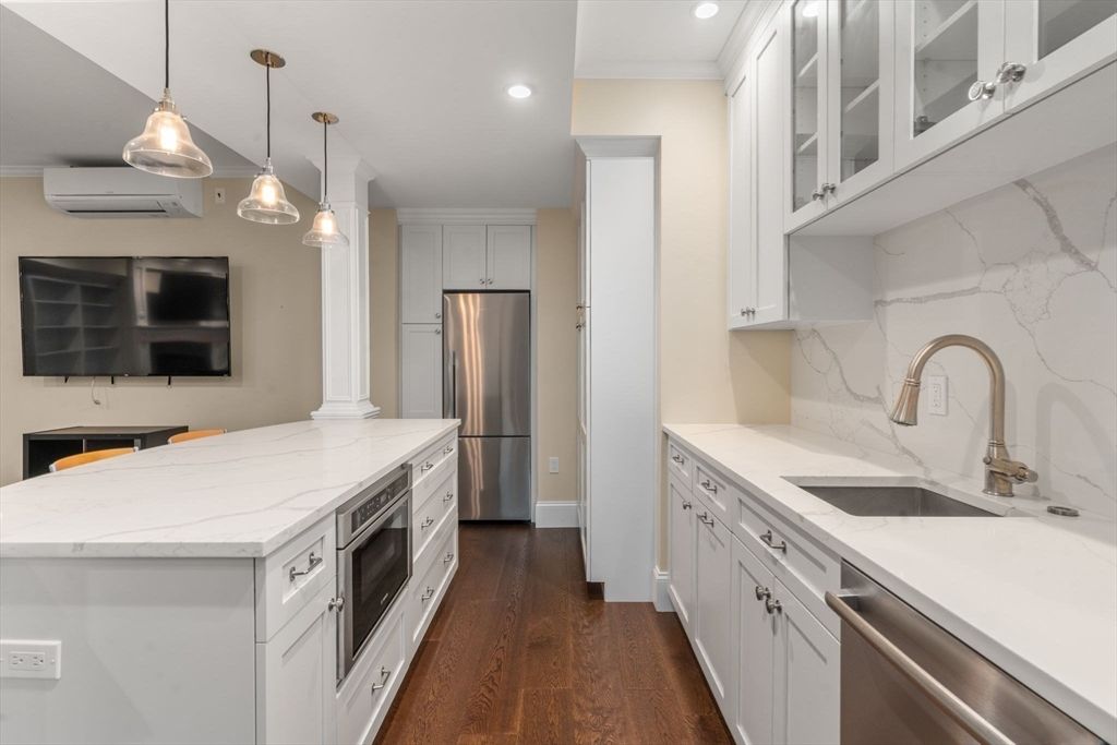 Interior, Kitchen, Pendant Lights, Recessed Lighting, Stainless Steel Appliances, Wood Texture Flooring