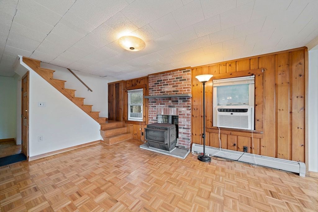 Empty room, Fireplace, Interior, Stone Walls, Wood Texture Flooring, Wooden Walls