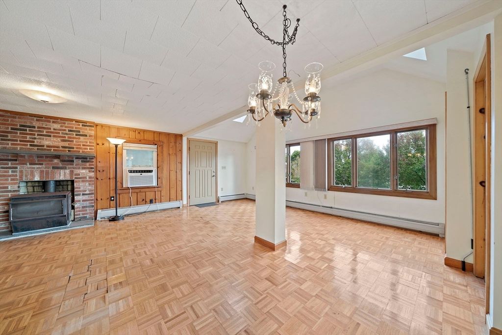 Chandelier, Empty room, Fireplace, Interior, Stone Walls, Wood Texture Flooring, Wooden Walls