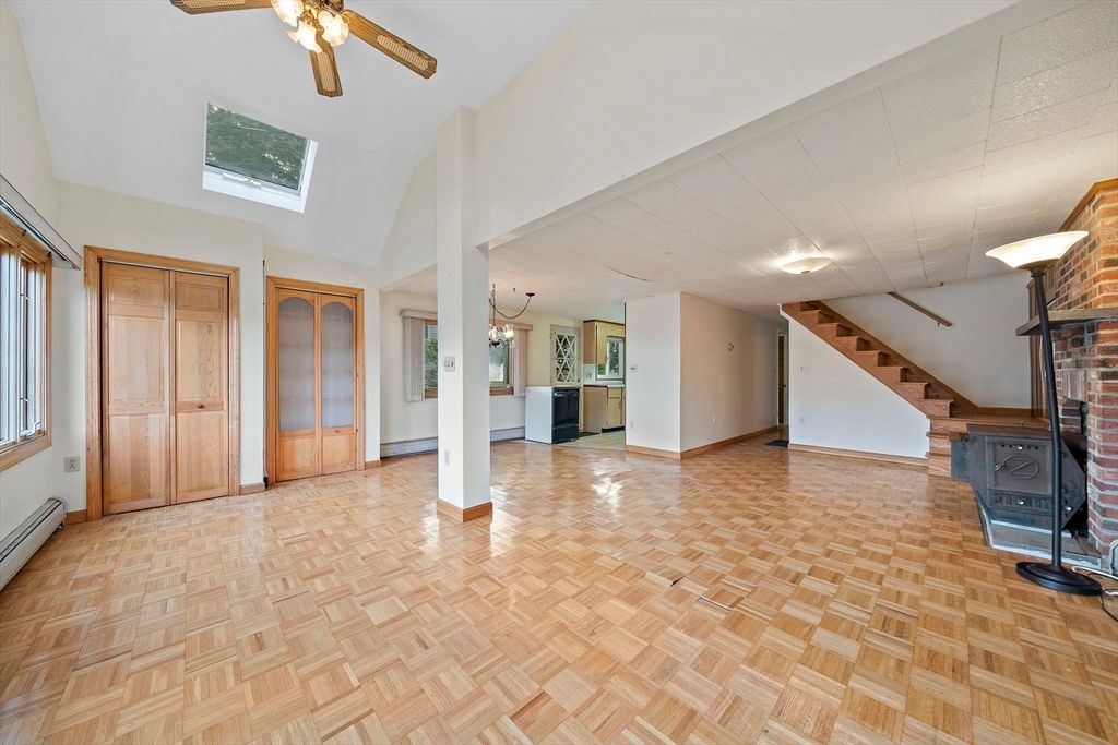 Empty room, Fireplace, Interior, Pendant Lights, Wood Texture Flooring