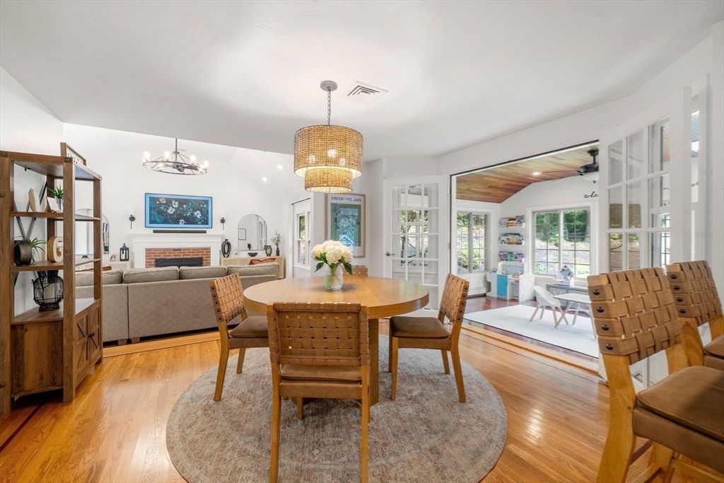 Chandelier, Dining room, Fireplace, Interior, Living room, Wood Texture Flooring