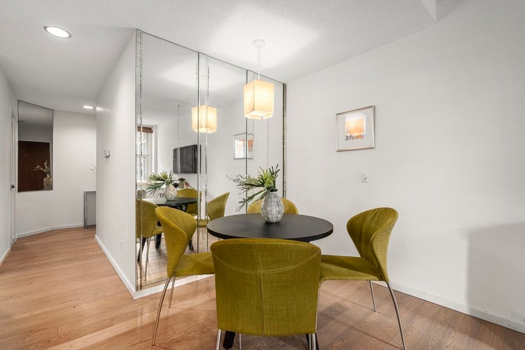 Dining room, Interior, Pendant Lights, Recessed Lighting, Wood Texture Flooring
