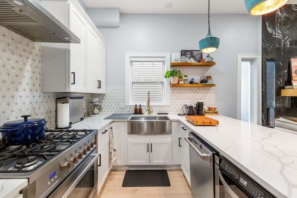 Interior, Kitchen, Pendant Lights, Stainless Steel Appliances, Wood Texture Flooring