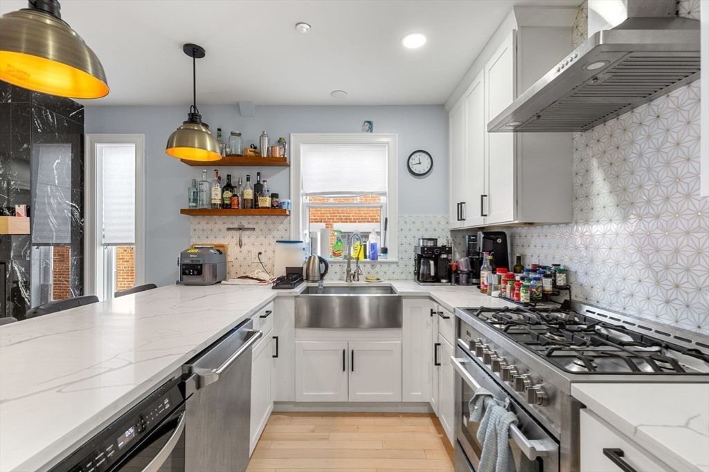 Interior, Kitchen, Pendant Lights, Recessed Lighting, Stainless Steel Appliances, Wood Texture Flooring