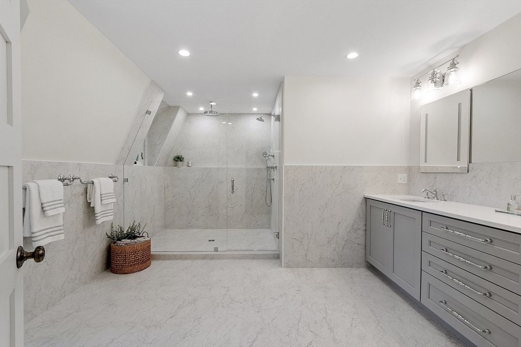 Bathroom, Glass Shower, Interior, Marble, Marble Walls, Recessed Lighting