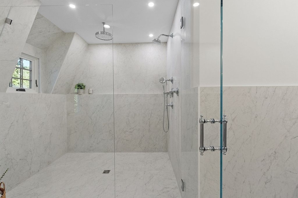 Bathroom, Glass Shower, Interior, Marble, Marble Walls, Recessed Lighting