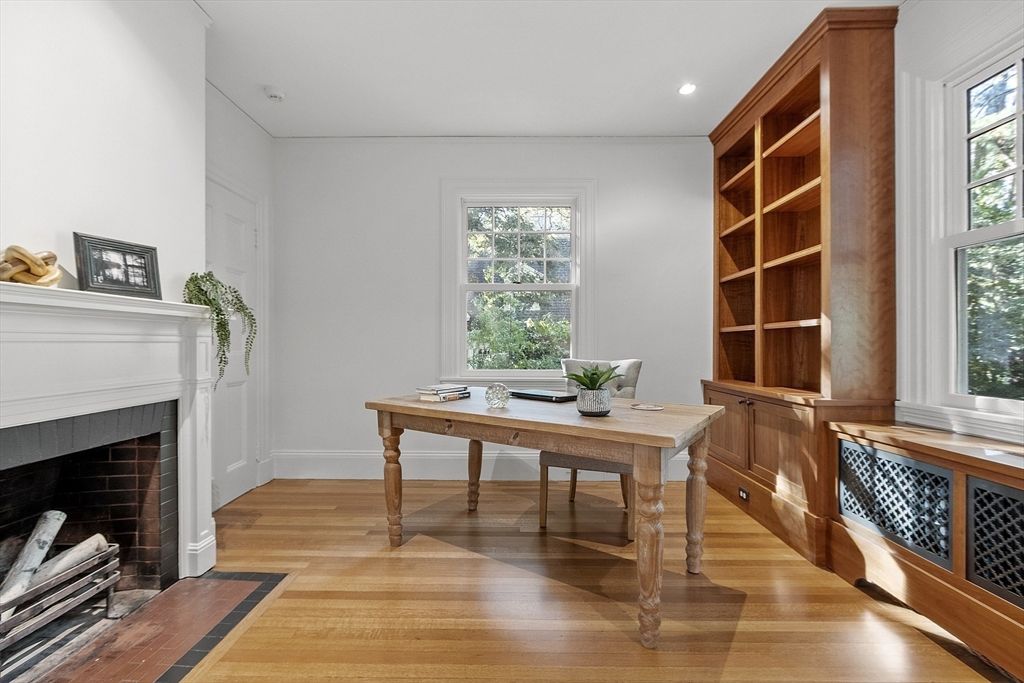 Fireplace, Home Office, Interior, Recessed Lighting, Wood Texture Flooring
