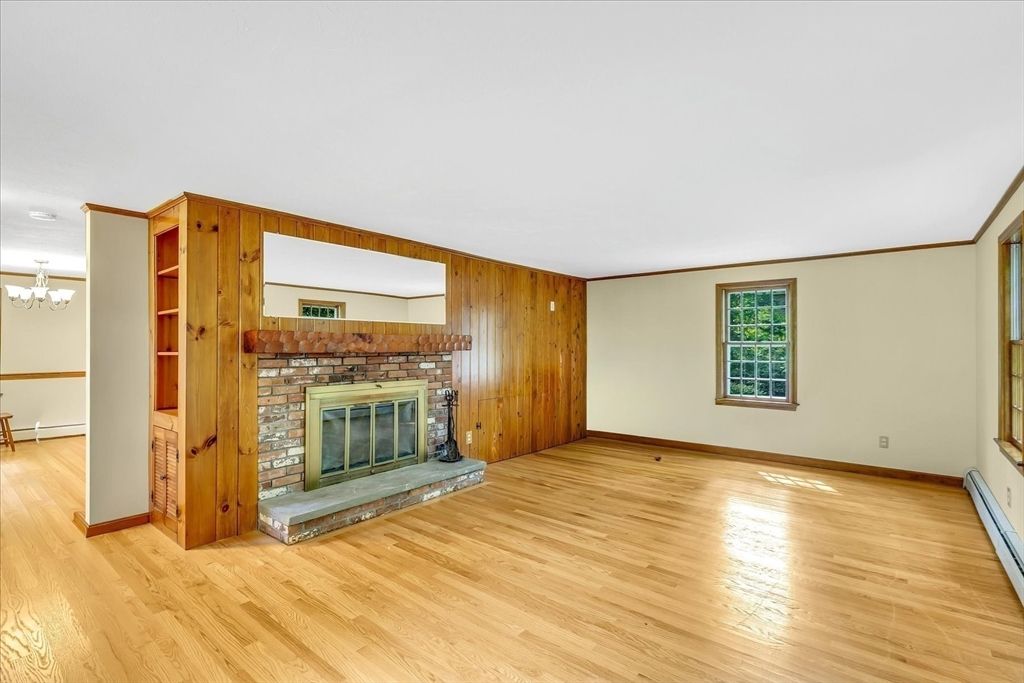 Chandelier, Empty room, Fireplace, Interior, Wood Texture Flooring, Wooden Walls