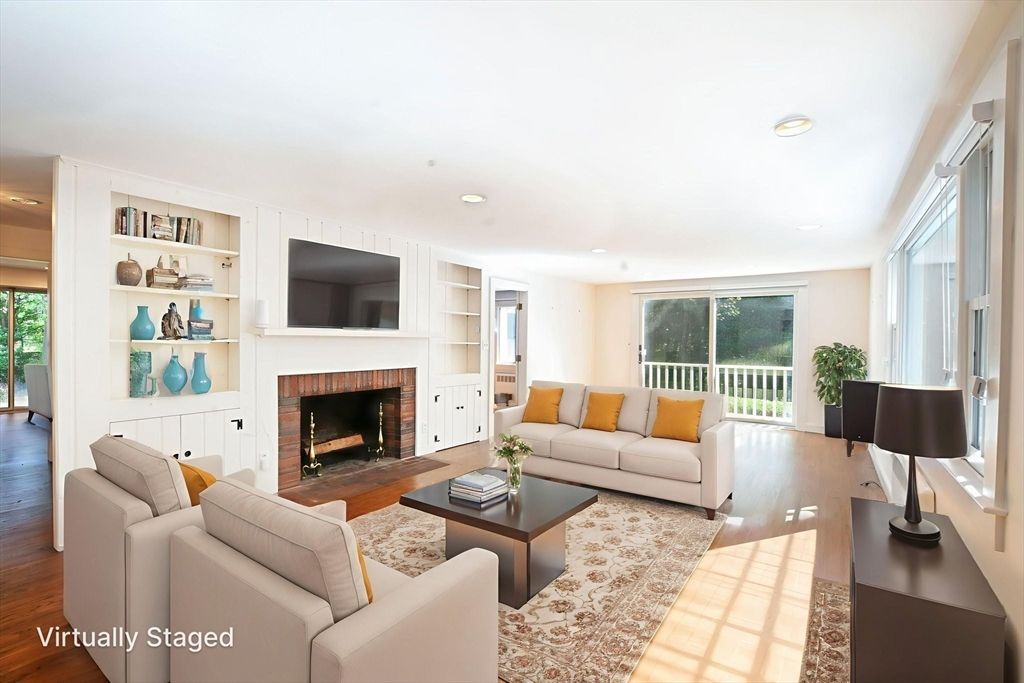 Fireplace, Interior, Living room, Recessed Lighting, Wood Texture Flooring