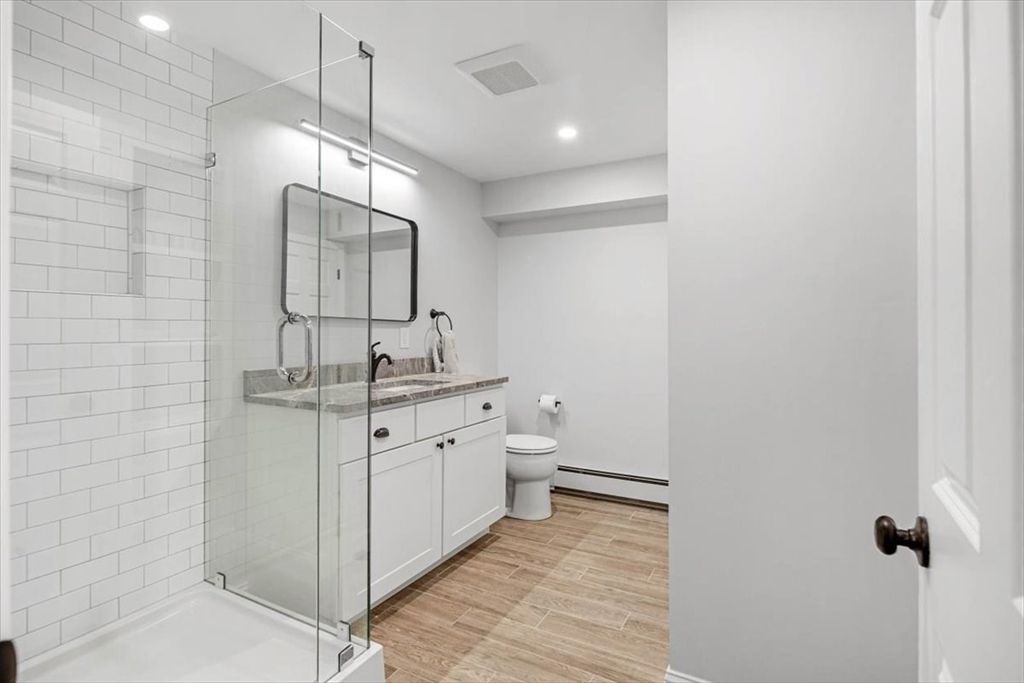 Bathroom, Glass Shower, Interior, Recessed Lighting, Wood Texture Flooring