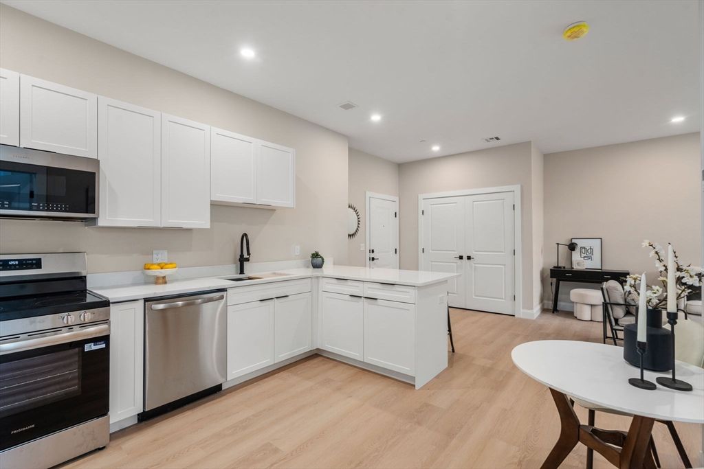 Interior, Kitchen, Recessed Lighting, Stainless Steel Appliances, Wood Texture Flooring