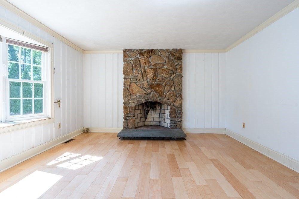 Empty room, Fireplace, Interior, Stone Walls, Wood Texture Flooring