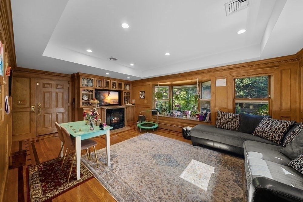 Fireplace, Interior, Living room, Recessed Lighting, Wood Texture Flooring, Wooden Walls