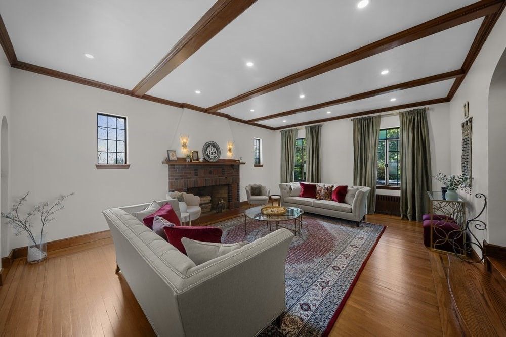 Fireplace, Interior, Living room, Recessed Lighting, Wooden Beams, Wood Texture Flooring