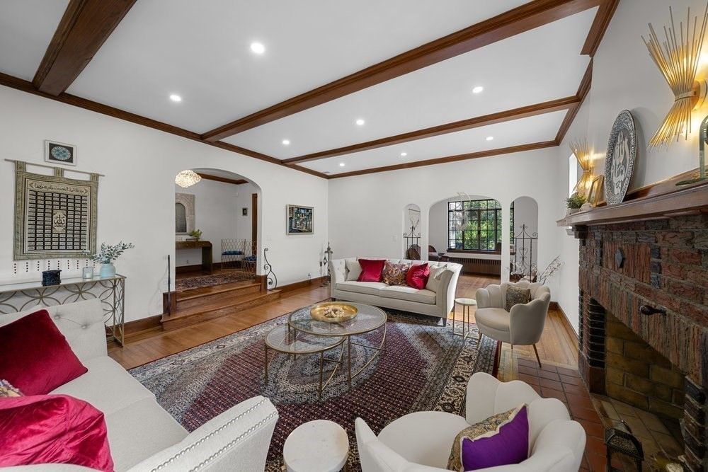 Fireplace, Interior, Living room, Recessed Lighting, Wooden Beams, Wood Texture Flooring