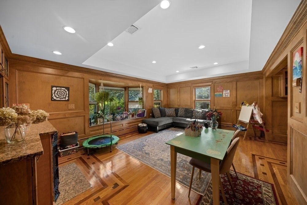 Interior, Living room, Recessed Lighting, Wood Texture Flooring, Wooden Walls