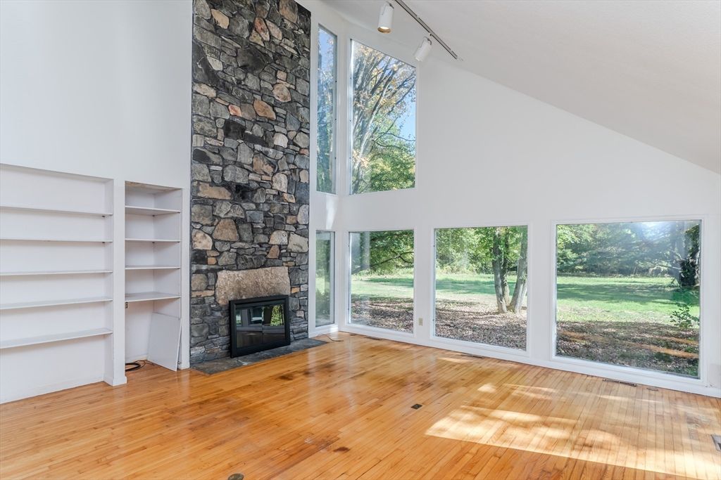 Empty room, Fireplace, Interior, Stone Walls, Wood Texture Flooring