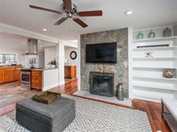 Fireplace, Interior, Kitchen, Recessed Lighting, Wood Texture Flooring
