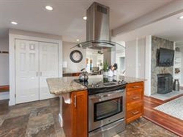 Fireplace, Interior, Kitchen, Recessed Lighting, Stainless Steel Appliances