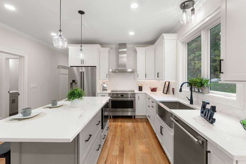 Interior, Kitchen, Pendant Lights, Recessed Lighting, Stainless Steel Appliances, Wood Texture Flooring